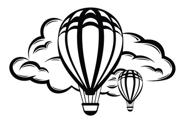 Black Air Balloons With Clouds and Birds Silhouette on White Background