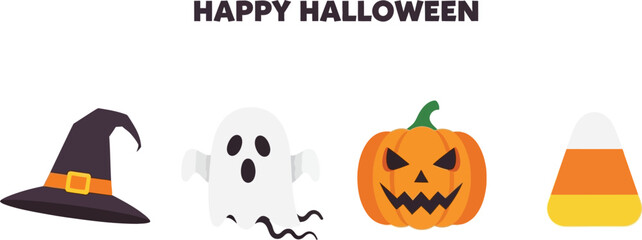 Halloween icons featuring a pumpkin, ghost, witch hat, and candy corn