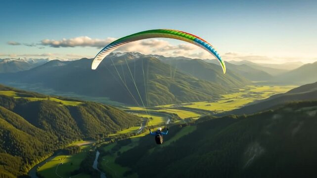 Paraglider soaring over lush green valleys at sunset