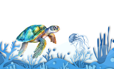 Sea turtle swimming with jellyfish, colorful underwater ocean scene, marine life illustration, aquatic nature art