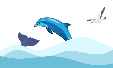 Dolphin surfing deep ocean waves, playful marine life, fun aquatic adventure, cartoon ocean illustration art