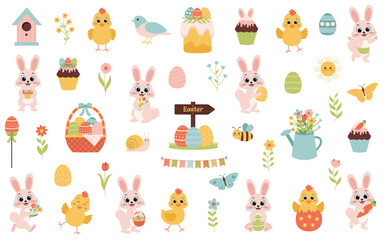 Cute Easter set. Cute animals characters of rabbit and chick. Spring and Easter collection of cute animals, eggs, flowers and seasonal elements.