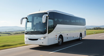 White bus cruises scenic route with journey under sunny skies.