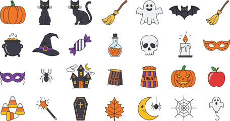 Fototapeta premium Halloween icon set with pumpkin, cat, witch, ghost, bat, broom and other spooky elements