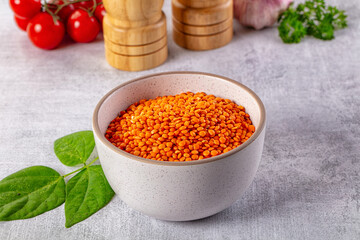 Raw dry red lentil in the bowl