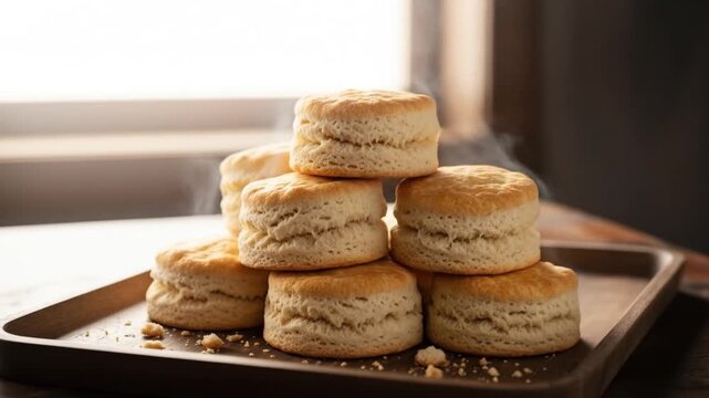 Freshly baked biscuits stacked on a wooden tray near a sunlit window with steam rising
