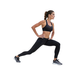 Fit woman performing a dynamic lunge exercise isolated on transparent background