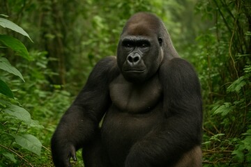 Obraz premium Silverback Gorilla Sitting in Dense Jungle Habitat