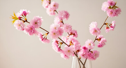 Close up of pink cherry blossom branches in a vase against a light neutral background ai generated