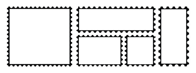 Set of vector stamp frames jagged rectangle, square shape element. Various scalloped and zigzag frame. Postage stamp. Black postage stamp template. Postage icon. Rectangle shape frames