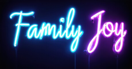 Obraz premium Bright neon sign displays words Family Joy. Vivid blue, purple hues create cheerful atmosphere. Simple, elegant lettering.