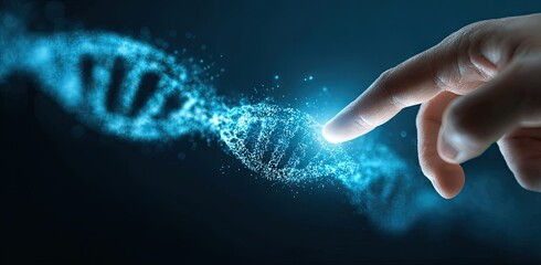 Human hand touching a glowing digital DNA strand representing genetic science and biotechnology.
