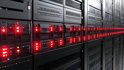 Server racks with red indicator lights, depicting modern data processing.