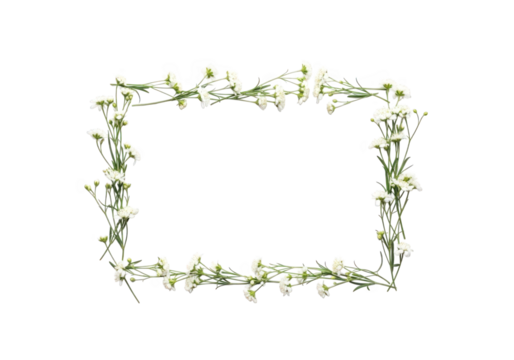 Rectangular frame made of small white flowers and green stems isolated on transparent background