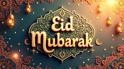 Golden Eid Mubarak Arabic calligraphy with lanterns and crescent moon Islamic celebration