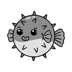 Cute Cartoon Pufferfish Smiling Marine Creature in Black and White