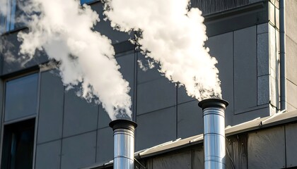 Industrial chimneys emitting white smoke against a modern building facade.