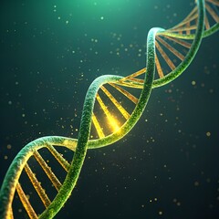 A close-up view of a DNA double helix structure. The strands are green with golden highlights, set against a dark background with glowing particles.