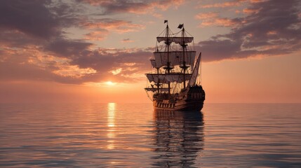 Historic old pirate sailing ship floating on calm ocean waters during golden sunset with dramatic colorful sky, scenic maritime travel and nautical adventure background