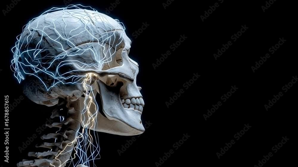 Poster a detailed view of a human skull highlighting the connection between biological structures and digit