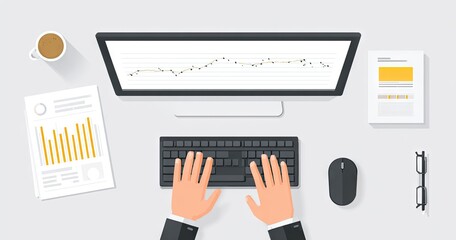 Top view of a person working on a computer analyzing financial data charts on a modern office desk.