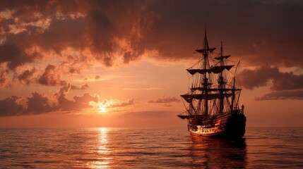 Historic old pirate sailing ship floating on calm ocean waters during golden sunset with dramatic colorful sky, scenic maritime travel and nautical adventure background