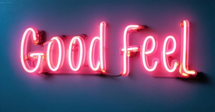 Bright pink neon sign displays words Good Feel against dark blue wall. Simple typography creates vibrant visual impact. - Powered by Adobe