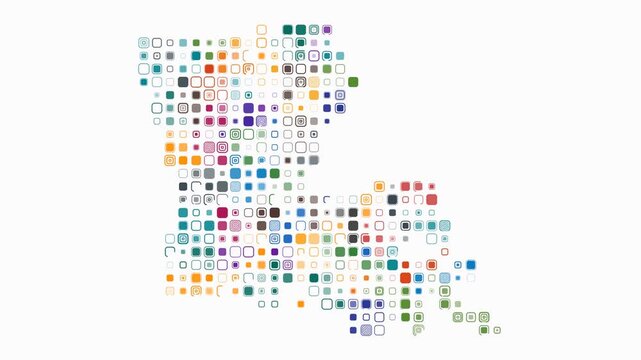 Louisiana animation. Shape of the state with pulsating colored dots. Large size rounded square blocks. Digital style map on white background. Artistic video.