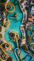 Aerial top down view of waterpark outdoors transportation architecture.