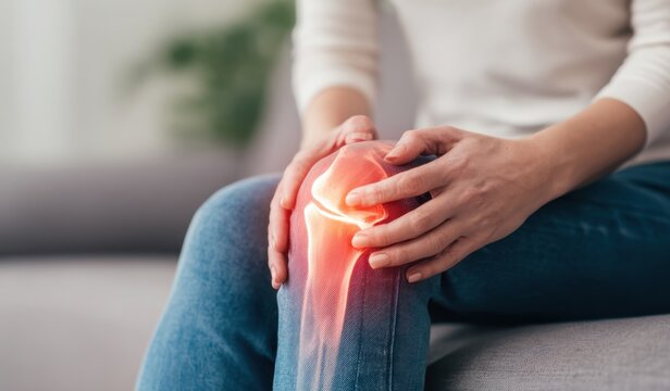 Knee pain icon. Joint pain, Arthritis and tendon problems. Woman in jeans sitting sofa, touching nee at pain point. Mature person feeling unwell, suffering from pain in leg. Red effect painful injury
