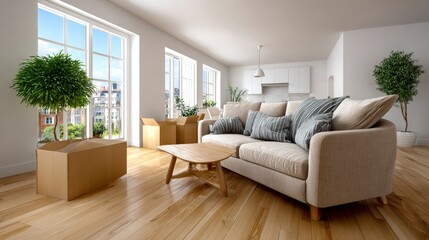 Obraz premium Modern living room interior featuring a cozy sofa with decorative cushions, wooden coffee table, and large windows allowing natural light, creating a bright and inviting atmosphere with greenery