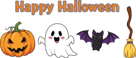 Happy halloween with pumpkin, ghost, bat and broom for Halloween celebration and decorations