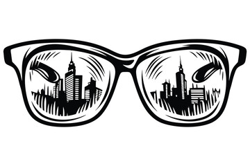 Cityscape Reflected in Stylish Sunglasses on White Background