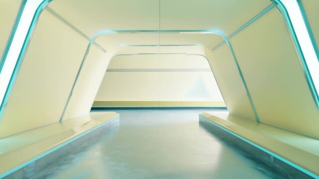 Clean white futuristic room with curved capsule structure, evoking sci-fi medical or space travel atmosphere.