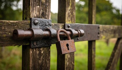 Rustic wooden gate with a rusty lock