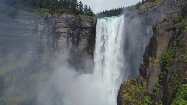 Powerful waterfall dropping from high rocky cliff into canyon below, surrounded by green trees and mist.