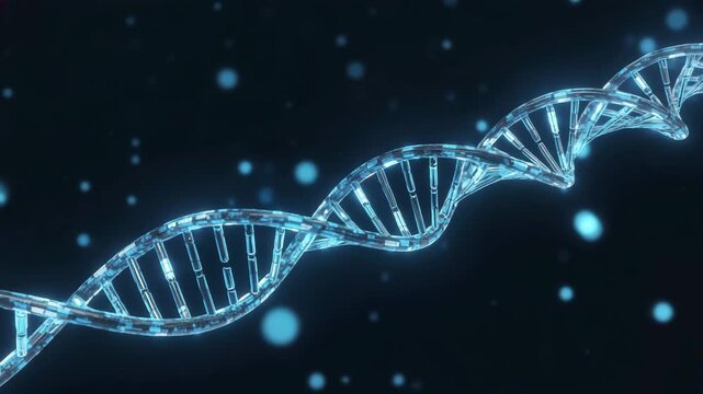 Digital glowing DNA helix model on black background, symbolizing genetics, biotech, science, and futuristic medical research.