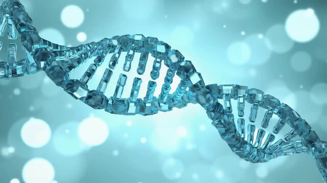 Abstract 3D model of DNA double helix with digital blue particles, representing science, genetics, and biotechnology.