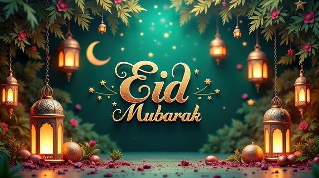 Golden Eid Mubarak lanterns and crescent moon Islamic celebration - Powered by Adobe