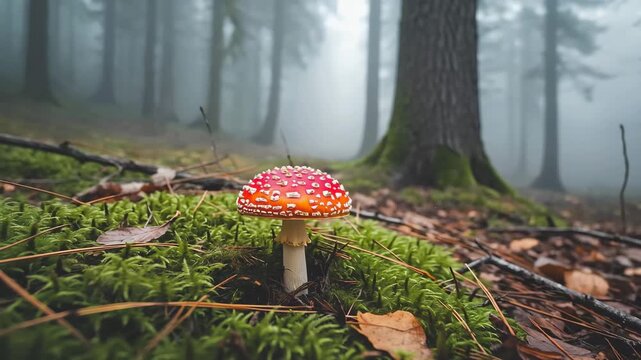 Classic red and white spotted mushroom growing among fallen leaves in damp forest with soft natural lighting.
