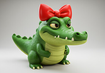 Fototapeta premium Cartoon crocodile character with red bow
