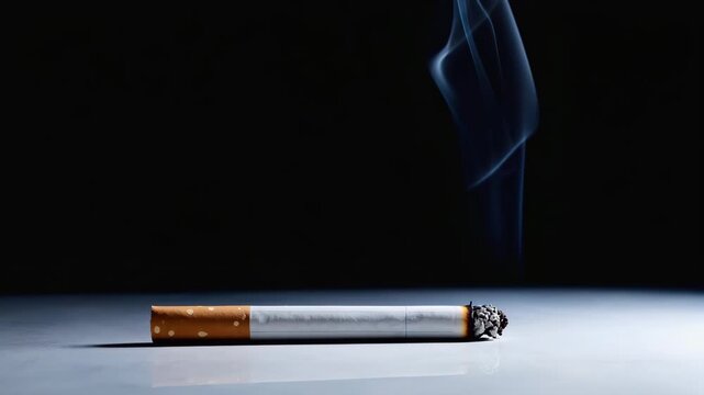 Smoking cigarette with white smoke rising gently over black background, minimalist and moody view of unhealthy habit.