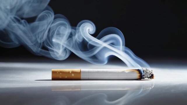 Lit cigarette resting on surface with swirling smoke rising in elegant curves against blurry background, creating moody visual.
