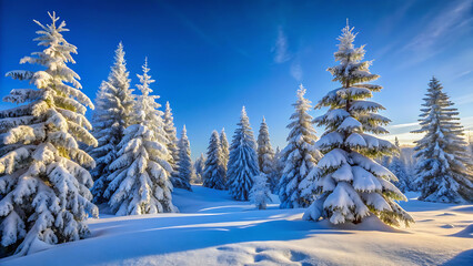 Fototapeta premium Snow Covered Pine Trees Under Clear Blue Sky