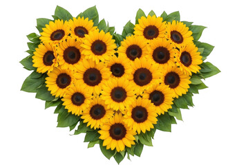 Obraz premium Heartshaped arrangement of sunflowers isolated on transparent background