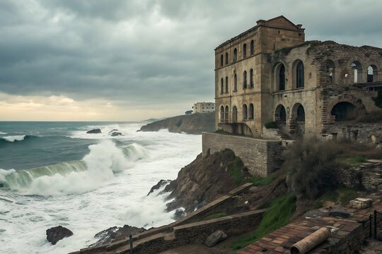 Ancient Stone Building Ruins on a Rocky Cliff Overlooking a Stormy Sea with Crashing Waves architecture