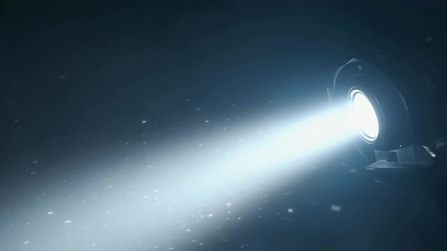 Powerful white spotlight beam cutting through dark background with visible particles in air, creating dramatic and cinematic effect.