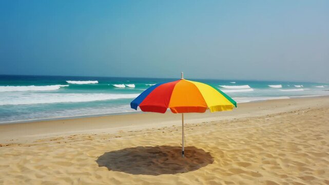 Bright multicolored umbrella standing on sunny beach near turquoise ocean and sand, creating a tropical and cheerful scene.