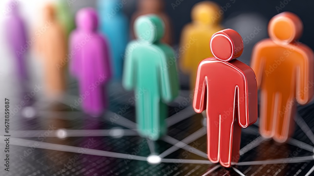 Poster colorful abstract figures connected in a digital grid, representing modern communication networks