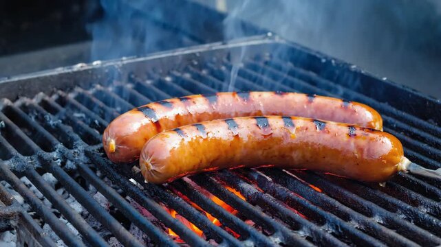 Juicy sausages being grilled with smoke rising from hot grill, creating tasty summer barbecue scene outdoors.